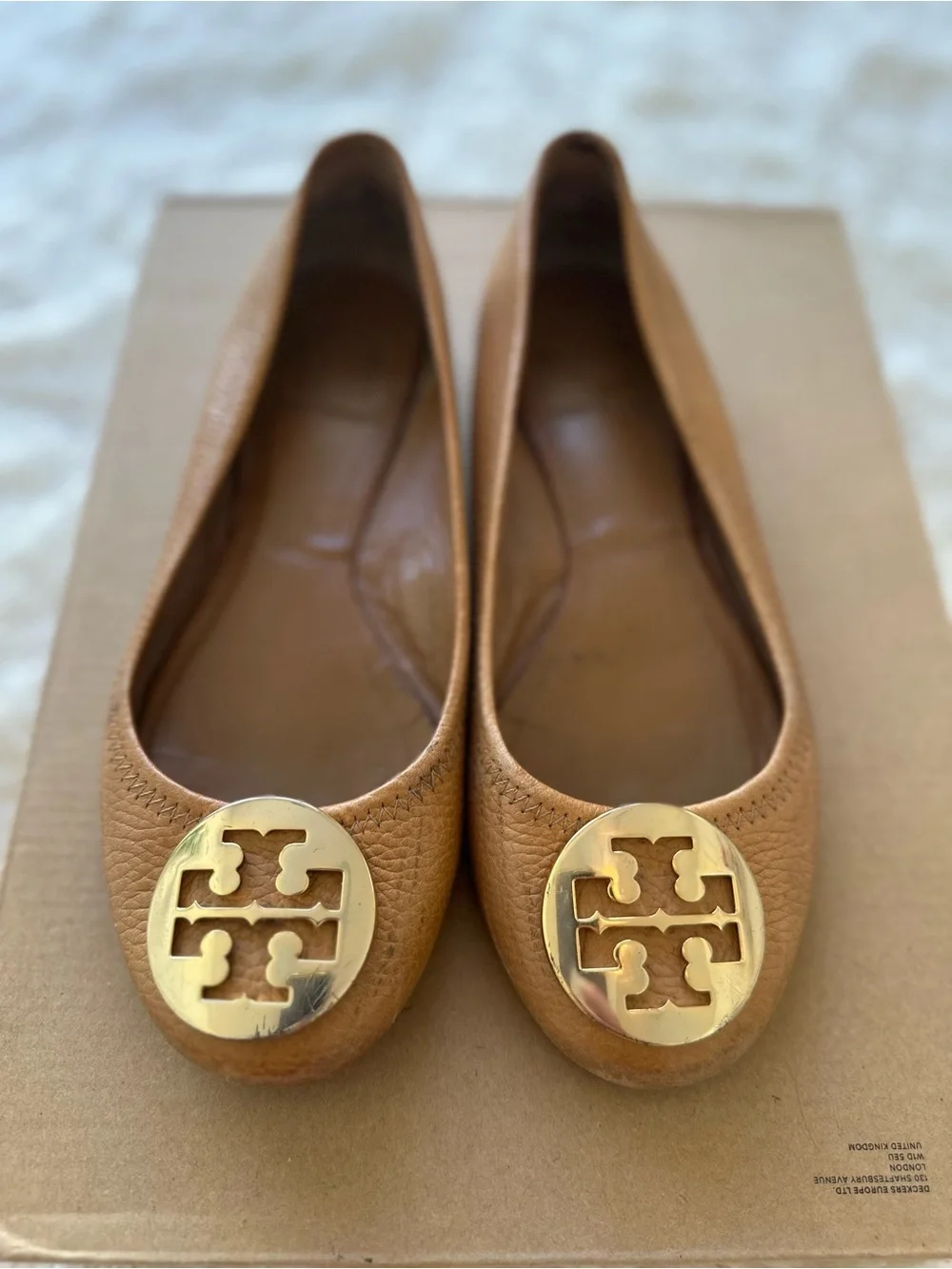Tory Burch Reva Travel Leather Ballet Flats Pecan Praline Gold Size: 6.5 - Picture 1 of 8